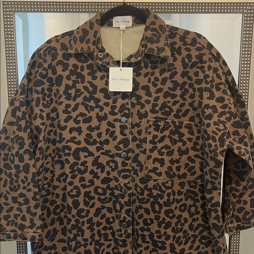 Leopard Print Button-Up Denim Jacket Size Medium Large - Picture 2 of 13